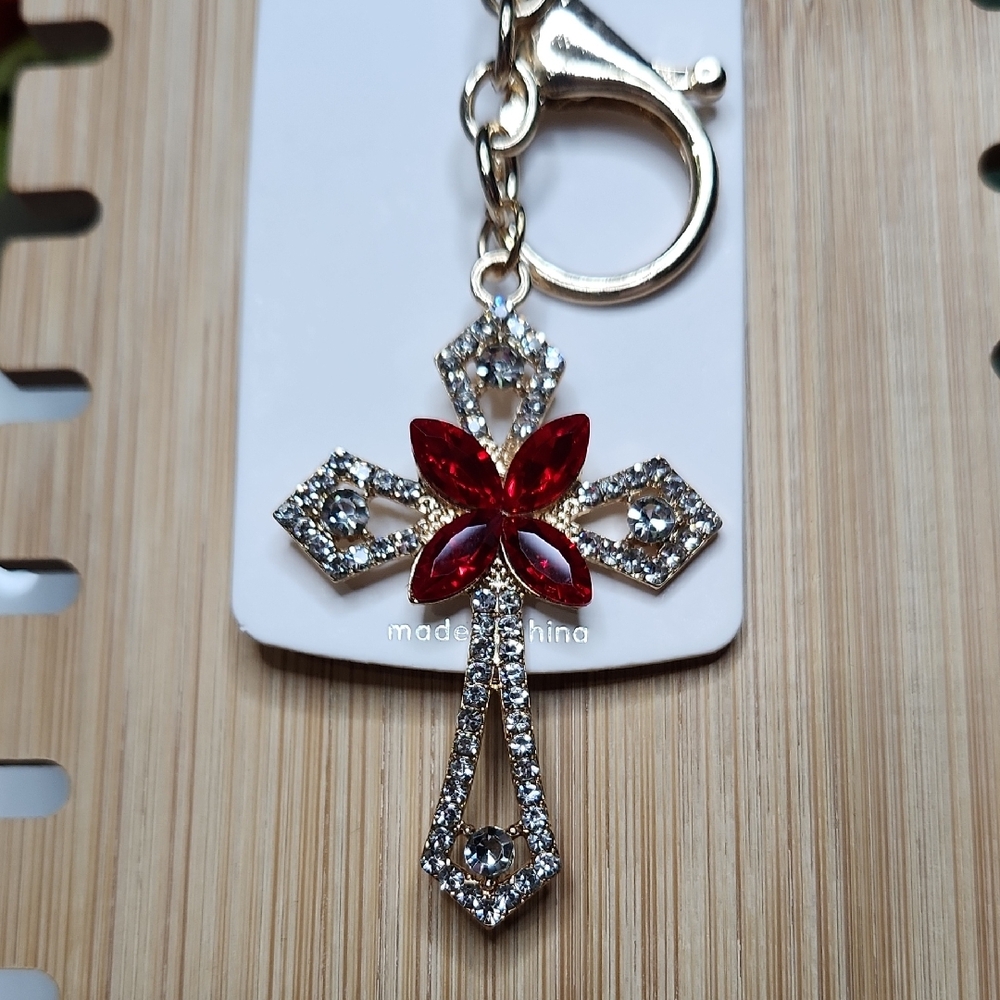 Mint Brand Gold Tone Red and Clear Crystal Cross Keychain/Bag Charm